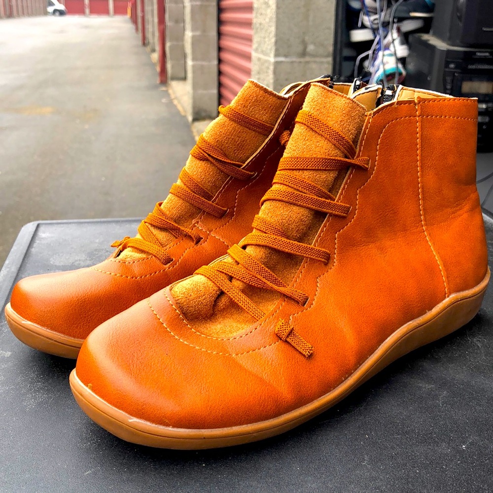 Women's Casual Flat Leather Retro Lace Up Boots Side Zipper Round Toe Shoe Boots